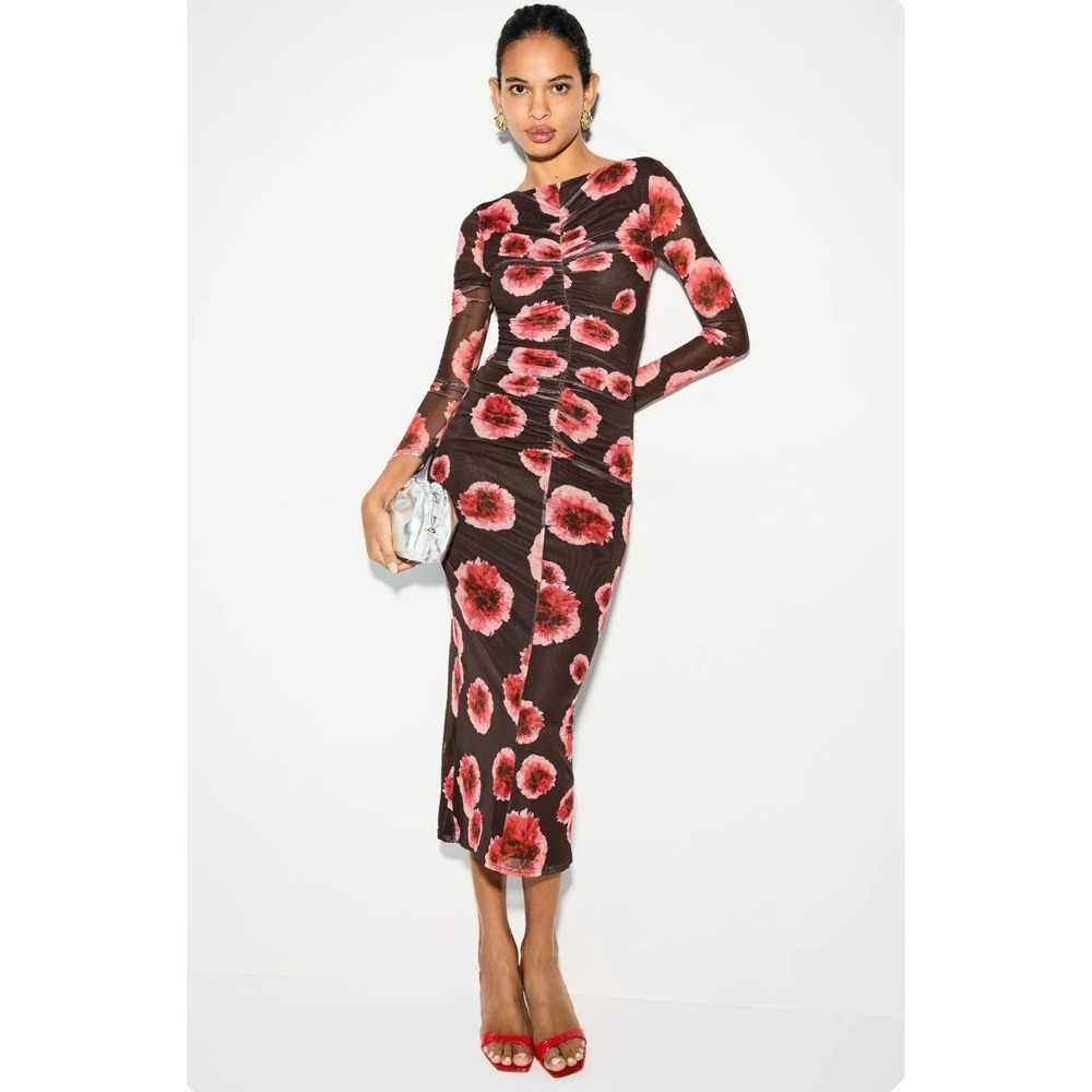 Suboo Frida Ruched Front Midi Dress Brown Pink Mesh Floral Long Sleeve Sz L